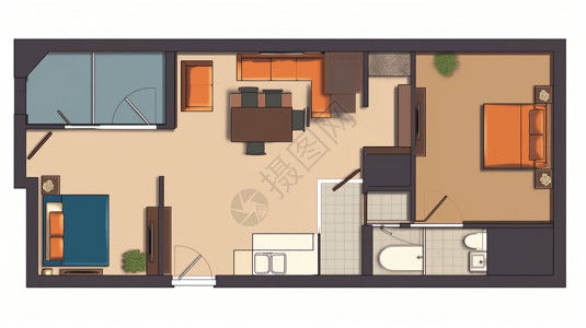 布局规划2D小公寓橙色平面图设计图片