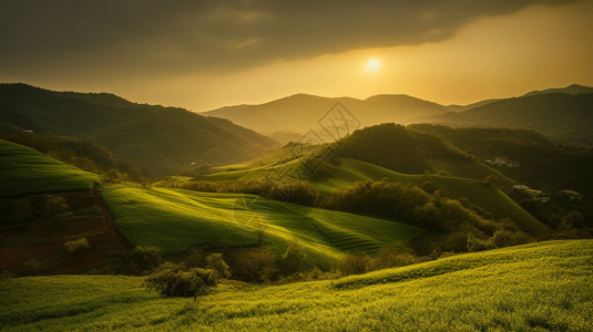 蜡笔风格太阳傍晚的山坡背景