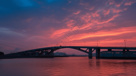 桥上的火烧云图背景图片