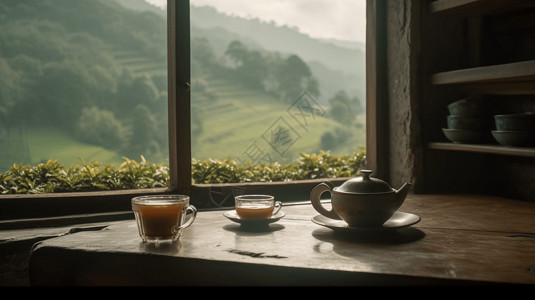 窗边的品茶时刻背景图片