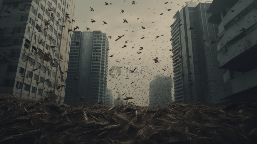 一群蝗虫入侵城市图片