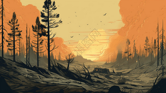 火灾后被摧毁的森林插画高清图片