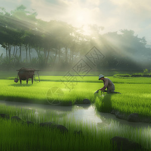 一个农民收割水稻图片