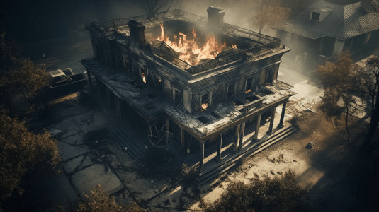 燃烧的房屋残骸高清图片素材