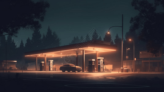 污染空气深夜加油站还在运营中插画