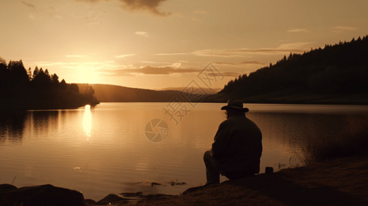 夕阳下钓鱼的老人背影高清图片