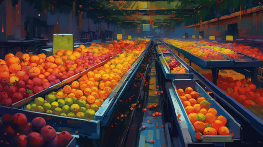 效率提升水果工厂内的各种蔬果分拣插画