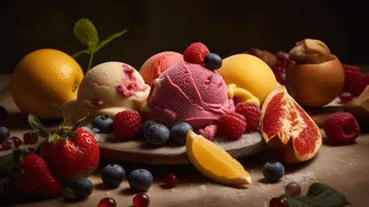 很多樱桃丰富美味的冰淇淋球背景