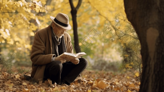 一位老人在公园看书图片
