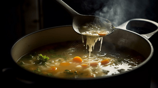 用勺子搅拌一锅汤的特写镜头背景