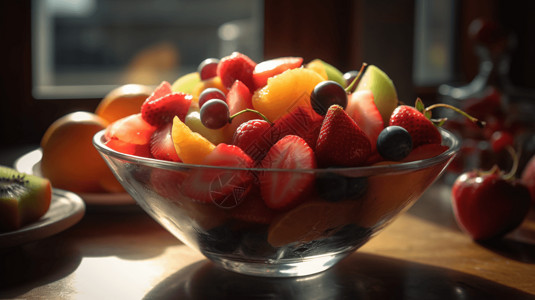 透明的大碗中的水果沙拉:高清图片