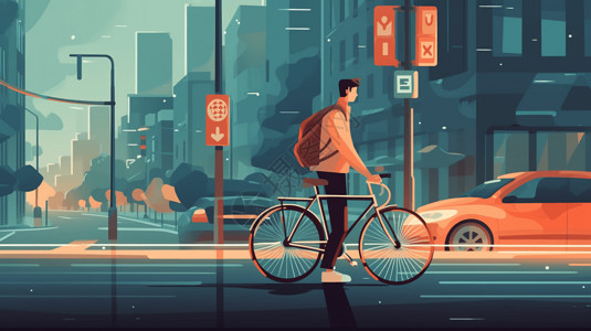 推着自行车穿越街道的行人插画