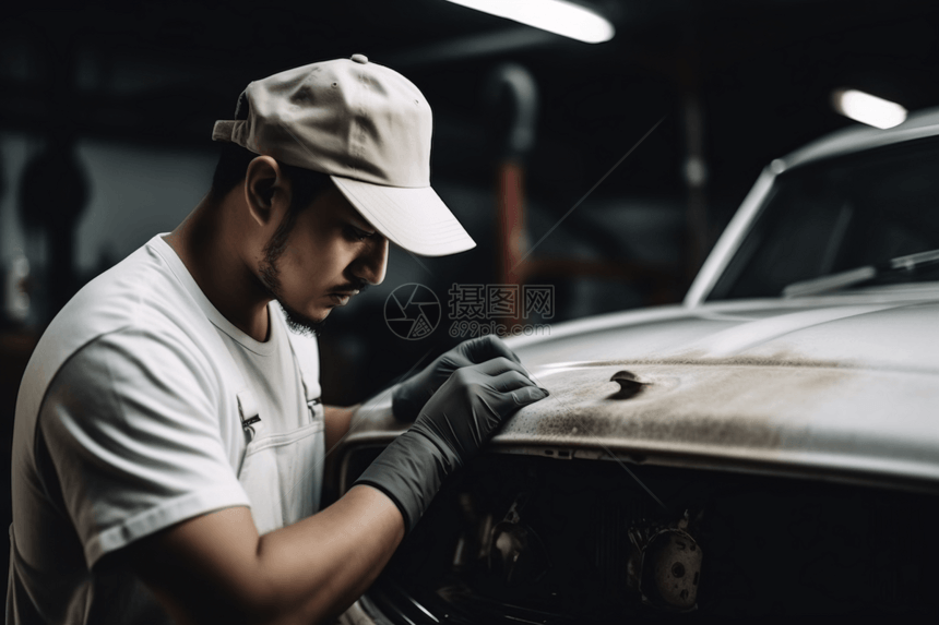 修理和检查汽车的汽修工人图片