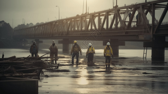 工人在洪水后修复受损的桥梁图片