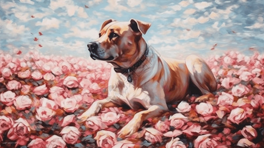 油画风格玫瑰与狗图片