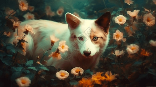幼犬与鲜花图片
