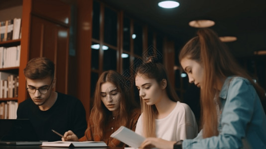 一群学生坐在图书馆里背景图片