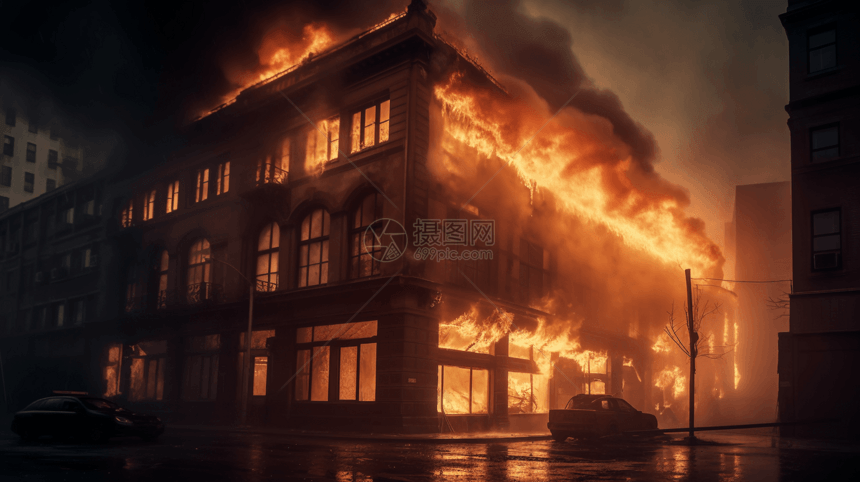 建筑物被火焰吞没图片