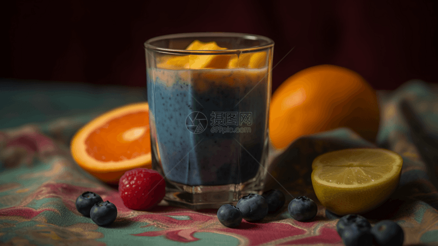 新鲜水果和玻璃杯里的水果冰沙图片