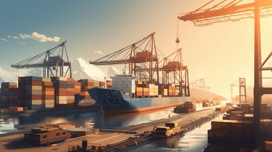 港口船舶货船和装载起重机的港口插画