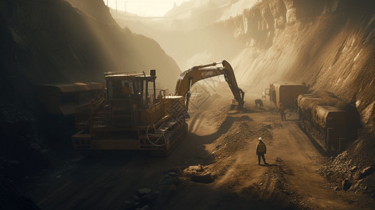 城建工人工人在山坡上挖隧道插画