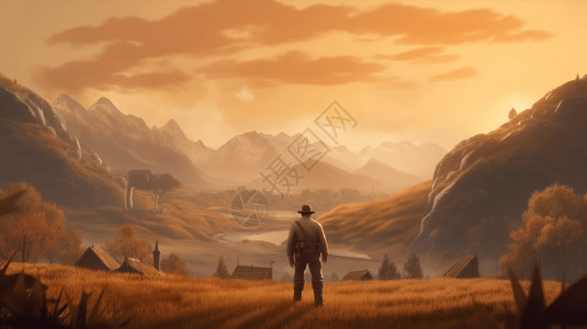 高地农民站在高海拔农场中间的背影日落写实插画插画
