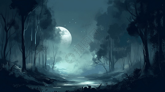 森林月光神秘迷人插画图片