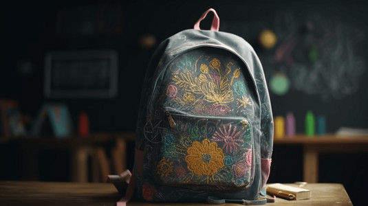 粉笔彩绘素材针织花朵装饰的背包背景
