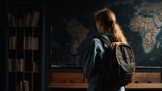 背着写字学生一个背着背包站在黑板前的学生背景