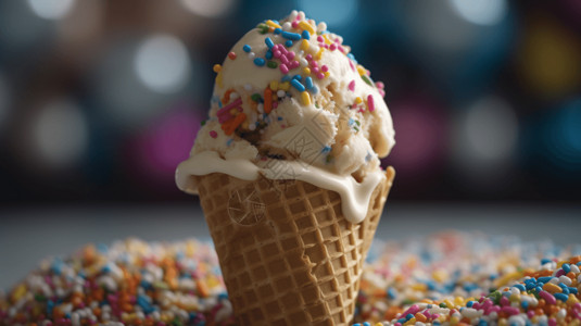奶油冰淇淋的华夫饼蛋卷的特写镜头高清图片
