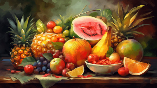 苹果摆盘丰富的夏季热带水果油画插画