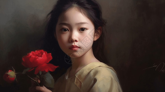 玫瑰油画手拿玫瑰的小女孩背景