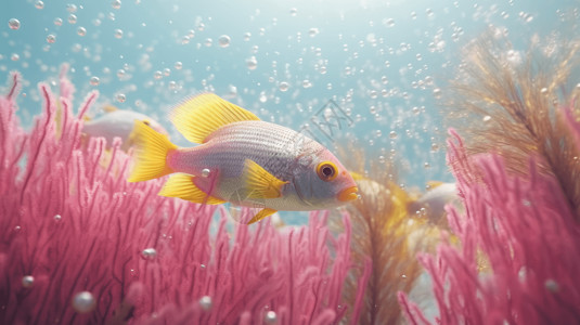 黄色斑点热带鱼唯美深海鱼群插画
