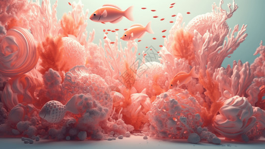 粉色热带鱼唯美海底水域景观插画