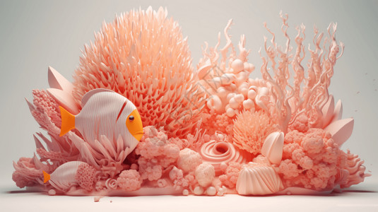 粉色热带鱼唯美深海鱼和珊瑚插画