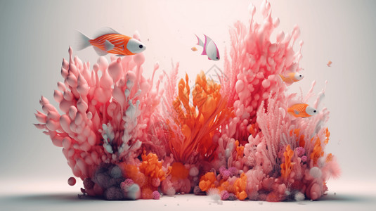 粉色热带鱼美丽的热带鱼群和珊瑚插画