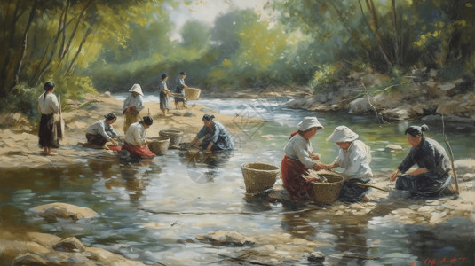 水洗衣服清溪河边洗衣的妇女插画