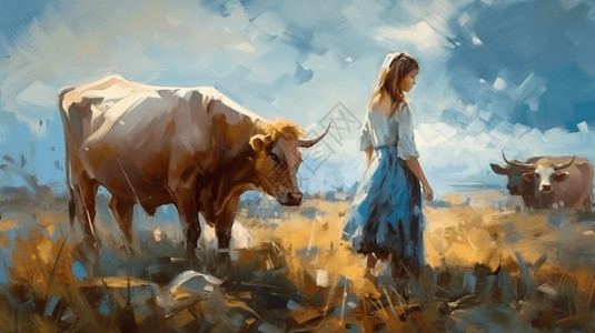 行走的风光草地上的女孩与牛插画