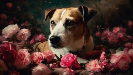 小狗与玫瑰背景图片