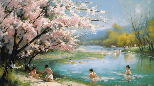 桃花树下玩水的女孩高清图片