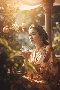 复古华丽的女人在花园里喝着咖啡背景图片