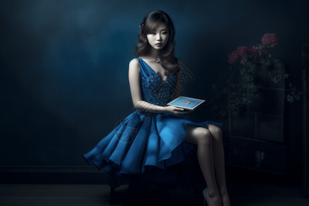 身穿蓝色连衣裙的女生写真背景图片