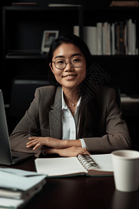戴眼镜的年轻女孩坐在办公桌前图片