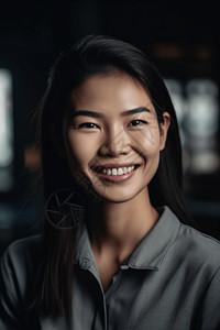 一位穿着灰色衬衫的微笑亚洲女人背景图片