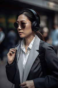 现代女商人戴着耳机走在街上女子高清图片素材