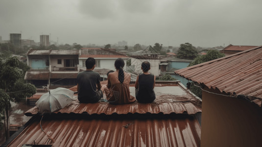 一家人挤在被洪水淹没的房屋的屋顶上图片