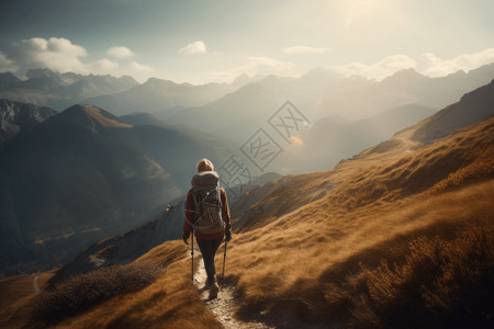 年轻女子在山上徒步旅行背景图片