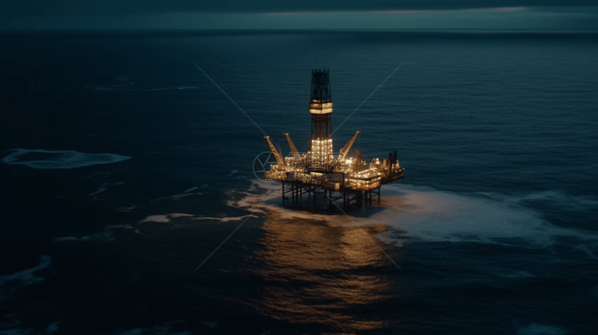 日落时海面上的石油钻井平台图片