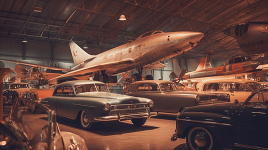 以老式汽车和飞机为特色的交通展览图片