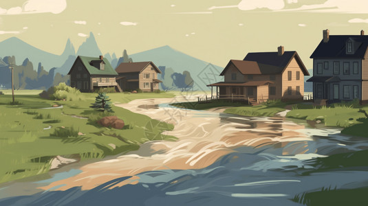 村镇河流经过的村庄插画